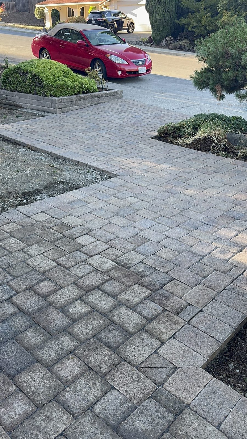 Paver walkway and landscaping along a hillside driveway